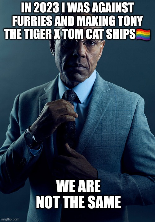 Old me. I am furry and straight now! | In 2023 I was against furries and making Tony the Tiger x Tom Cat ships🏳️‍🌈; We are not the same | image tagged in gus fring we are not the same,furry,anti furry,tony the tiger,tom and jerry,tom cat | made w/ Imgflip meme maker