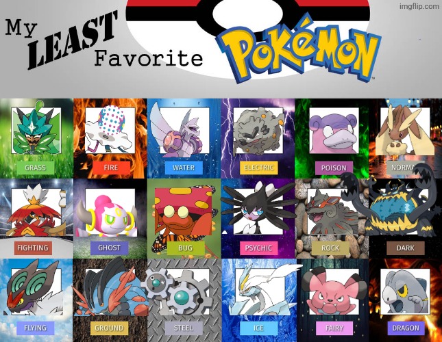 Least favorite pokemon of every type. | image tagged in least favorite pokemon of all the types | made w/ Imgflip meme maker