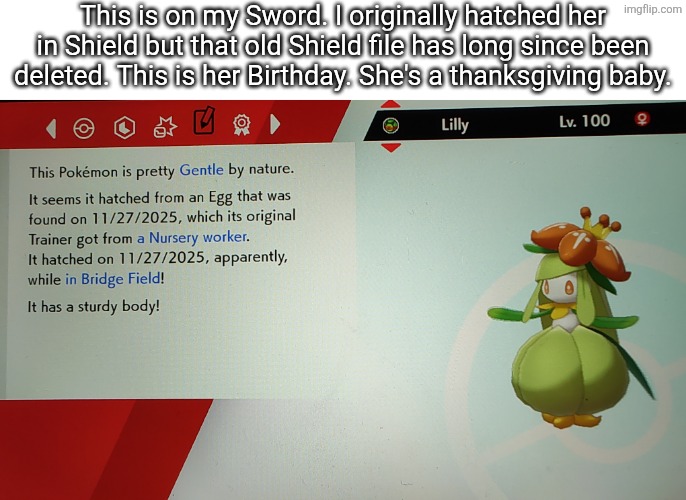 Lilly is a Thanksgiving baby. I wanted to finally show when Lilly was born. | This is on my Sword. I originally hatched her in Shield but that old Shield file has long since been deleted. This is her Birthday. She's a thanksgiving baby. | image tagged in lilly | made w/ Imgflip meme maker
