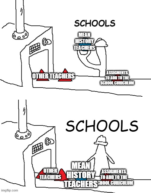 I Think I Discovered Something | SCHOOLS; MEAN HISTORY TEACHERS; ASSIGMENTS TO ADD TO THE SCHOOL CURICULUM; OTHER TEACHERS; SCHOOLS; MEAN HISTORY TEACHERS; OTHER TEACHERS; ASSIGMENTS TO ADD TO THE SCHOOL CURICULUM | image tagged in guess we are making circles now,true,facts | made w/ Imgflip meme maker