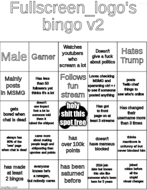 old bingo of mine, feel free to fill it in | image tagged in fullscreens bingo v2 | made w/ Imgflip meme maker
