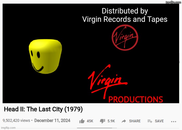 What is this? | Distributed by
Virgin Records and Tapes; PRODUCTIONS; Head II: The Last City (1979); December 11, 2024 | image tagged in youtube video template | made w/ Imgflip meme maker