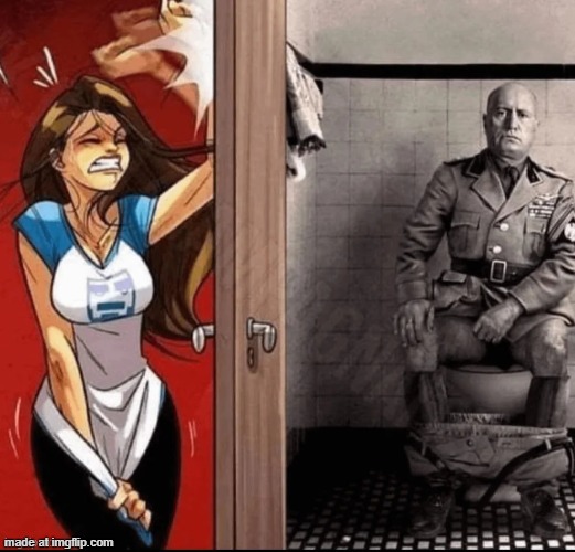 reposting | image tagged in mussolini taking a shit | made w/ Imgflip meme maker