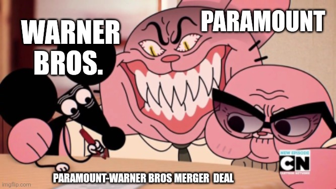 Warner Bros - Paramount merger in a nutshell | Paramount; Warner Bros. Paramount-Warner Bros merger  deal | image tagged in evil richard,remix,paramount,warner bros,merger | made w/ Imgflip meme maker