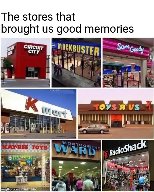 Gone but not forgotten | The stores that brought us good memories | image tagged in stores,toys,records,electronics,videos,gen x | made w/ Imgflip meme maker