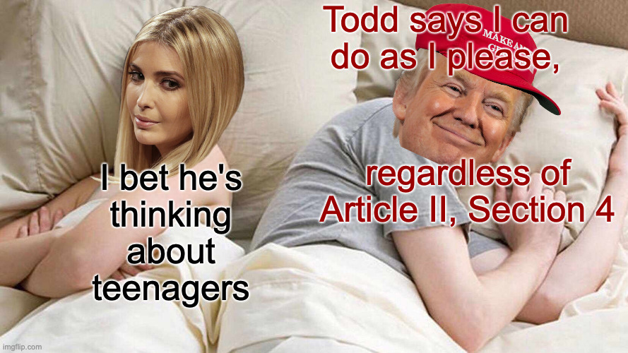 Can Trump take bribes in exchange for pardons? Just curious. | Todd says I can
do as I please, regardless of
Article II, Section 4; I bet he's
thinking
about
teenagers | image tagged in memes,i bet he's thinking about other women,bribery,impeachment,know your constitution | made w/ Imgflip meme maker