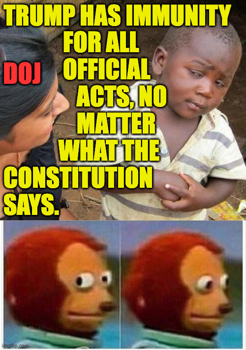 The Constitution frowns on Presidents taking bribes for pardons. | trump has immunity
             for all
             official
                acts, no
                matter
            what the
constitution
says. doj | image tagged in memes,monkey puppet,third world skeptical kid,todd blanche,article ii section 4,know your constitution todd | made w/ Imgflip meme maker