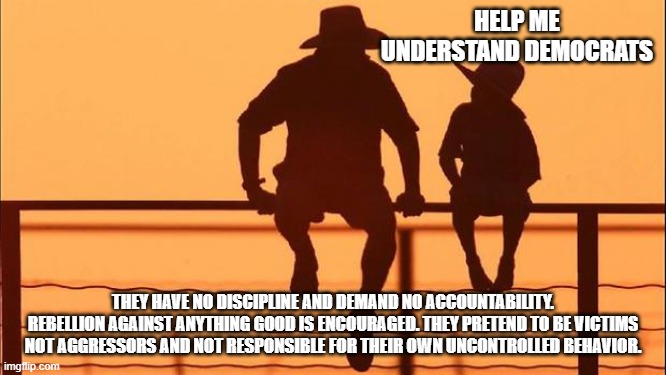 Cowboy wisdom, democrats are easily understood | Help me understand democrats; They have no discipline and demand no accountability. Rebellion against anything good is encouraged. They pretend to be victims not aggressors and not responsible for their own uncontrolled behavior. | image tagged in cowboy father and son,cowboy wisdom,violent agitators,no discipline,insurgency,democrat war on america | made w/ Imgflip meme maker