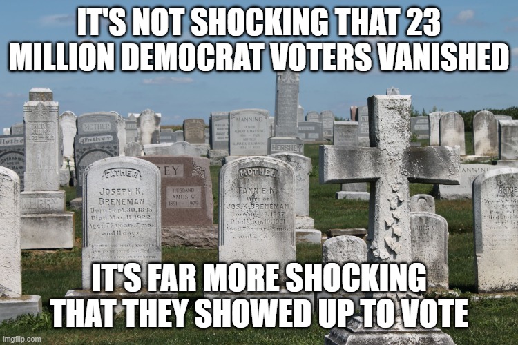 Cemetary | it's not shocking that 23 million democrat voters vanished it's far more shocking that they showed up to vote | image tagged in cemetary | made w/ Imgflip meme maker