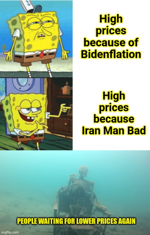 High prices because of Bidenflation; High prices because Iran Man Bad; People waiting for lower prices again | image tagged in spongebob drake format,swimming pool kids | made w/ Imgflip meme maker