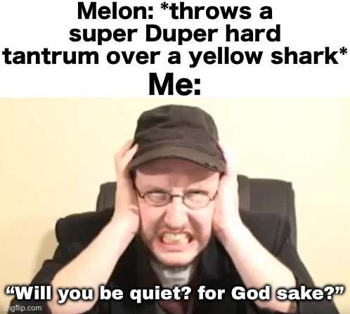 Please be quiet? | Melon: *throws a super Duper hard tantrum over a yellow shark*; Me:; “Will you be quiet? for God sake?” | image tagged in my ears are bleeding | made w/ Imgflip meme maker