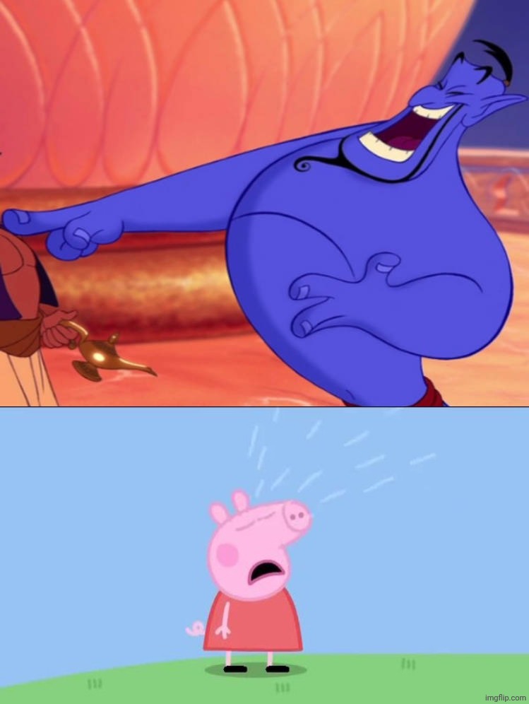 Genie laughs at Peppa pig crying | image tagged in aladdin,peppa pig,deviantart,disney,anti peppa pig,memes | made w/ Imgflip meme maker