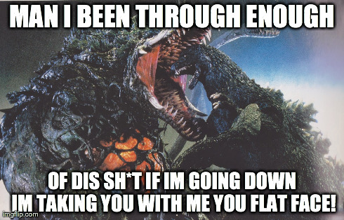 MAN I BEEN THROUGH ENOUGH OF DIS SH*T IF IM GOING DOWN IM TAKING YOU WITH ME YOU FLAT FACE! | made w/ Imgflip meme maker