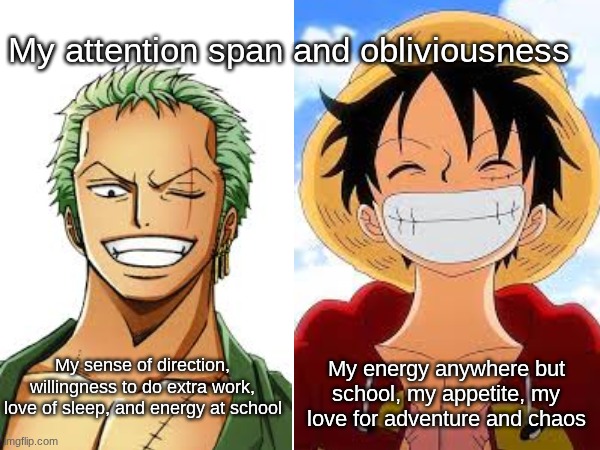 Both are just me frfr (Btw I eat enough breakfast for three people) | My attention span and obliviousness; My sense of direction, willingness to do extra work, love of sleep, and energy at school; My energy anywhere but school, my appetite, my love for adventure and chaos | made w/ Imgflip meme maker