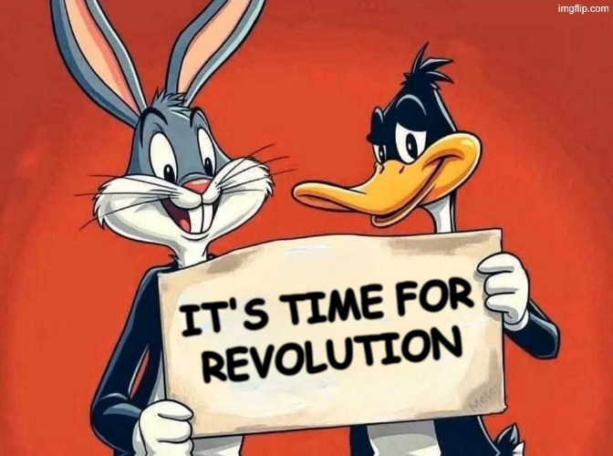 Time to stop fighting each other! | It's time for; revolution | image tagged in blank bugs and daffy,unity,revolution,evil government,criminals,change | made w/ Imgflip meme maker