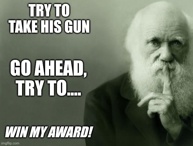 Darwin try to take his gun, win my award | Try to take his gun; Go ahead, try to.... Win my award! | image tagged in darwin,gun,take his gun,win my award | made w/ Imgflip meme maker