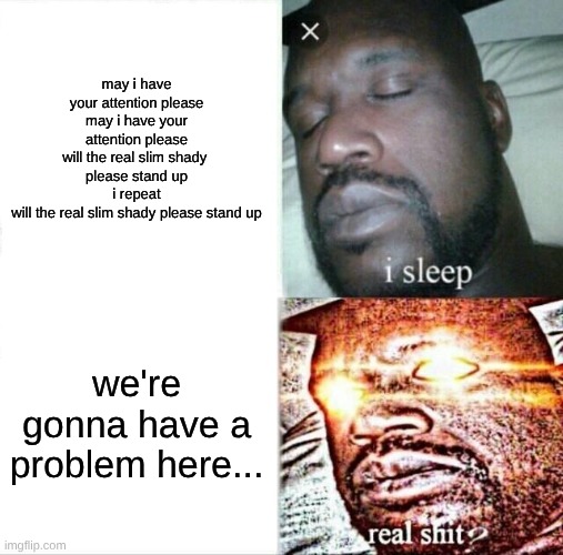 chat continue it in comments(just kinda bored and been wanting to do this for awhile, so...) | may i have your attention please
may i have your attention please
will the real slim shady 
please stand up
i repeat
will the real slim shady please stand up; we're gonna have a problem here... | image tagged in memes,sleeping shaq | made w/ Imgflip meme maker