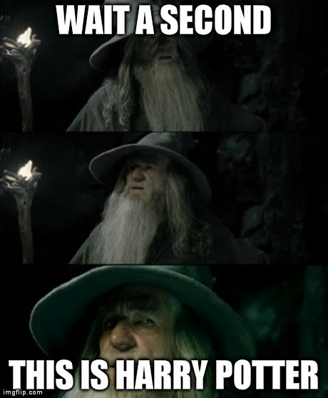 Confused Gandalf Meme | WAIT A SECOND THIS IS HARRY POTTER | image tagged in memes,confused gandalf | made w/ Imgflip meme maker