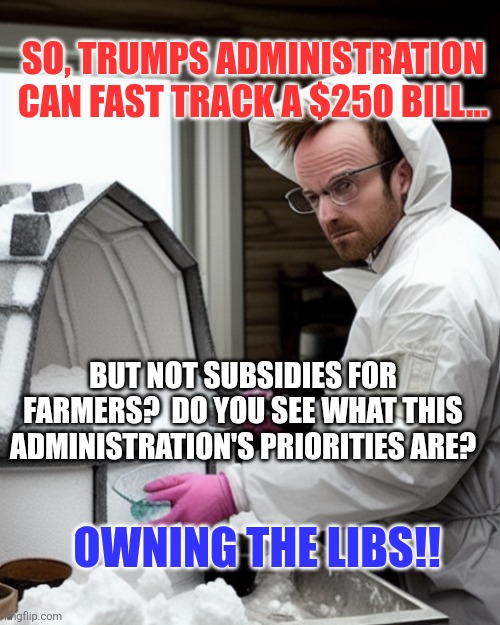 Owning the libs feels like alot of winning going on, huh boys? | So, trumps administration can fast track a $250 bill... But not subsidies for farmers?  Do you see what this administration's priorities are? Owning the libs!! | image tagged in snowcones | made w/ Imgflip meme maker
