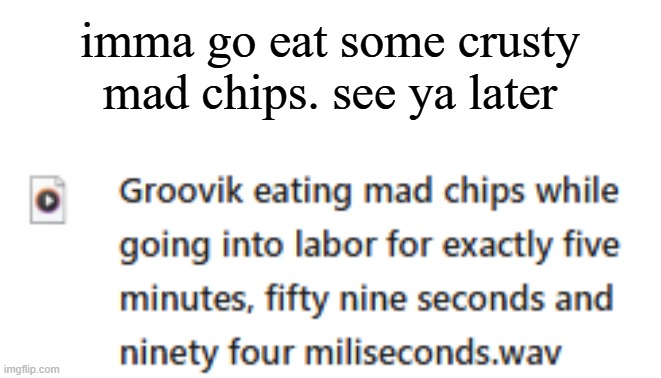 What | imma go eat some crusty mad chips. see ya later | image tagged in what | made w/ Imgflip meme maker