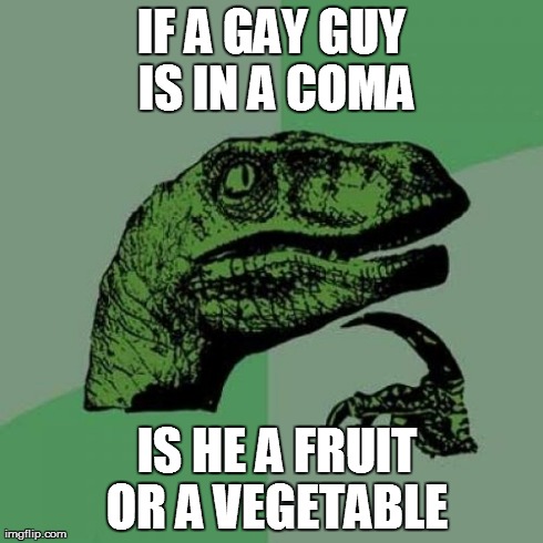 Philosoraptor | IF A GAY GUY IS IN A COMA  IS HE A FRUIT OR A VEGETABLE | image tagged in memes,philosoraptor | made w/ Imgflip meme maker