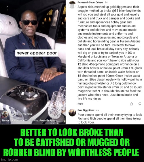 Funny | Better to look broke than to be catfished or mugged or robbed blind by worthless people | image tagged in funny,money,thieves,robber,poor,rich | made w/ Imgflip meme maker