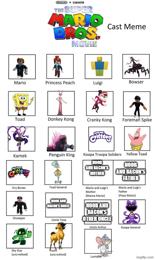 the super mario bros movie cast | noob and bacon's mother; noob and bacon's father; nOOB AND BACON'S uncle; NOOB AND BACON'S other uncle | image tagged in the super mario bros movie cast | made w/ Imgflip meme maker