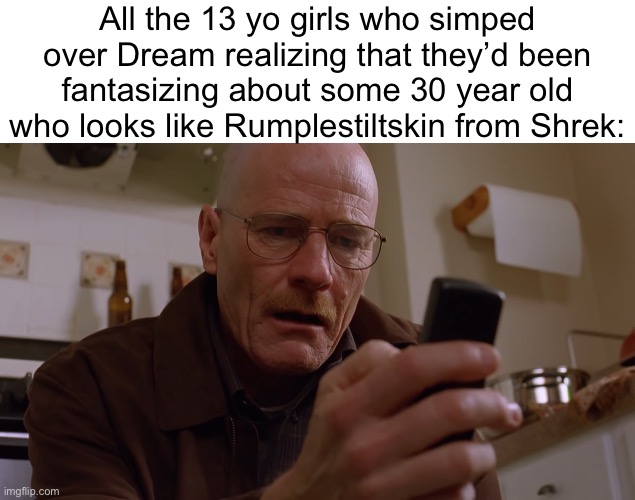 The face reveal was crazy | All the 13 yo girls who simped over Dream realizing that they’d been fantasizing about some 30 year old who looks like Rumplestiltskin from Shrek: | made w/ Imgflip meme maker