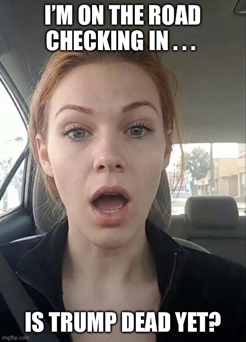 Checking In On Trump | I’m on the road checking in . . . Is Trump dead yet? | image tagged in on the road,car,i hate donald trump,trump sucks | made w/ Imgflip meme maker