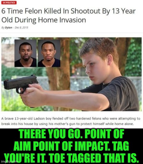 Funny | There you go. Point of aim point of impact. Tag you're it. Toe tagged that is. | image tagged in funny,home alone,gun,shooting,robbery,invasion | made w/ Imgflip meme maker