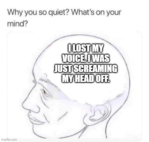 Why you so quiet? | I lost my voice. I was just screaming my head off. | image tagged in what's on your mind | made w/ Imgflip meme maker