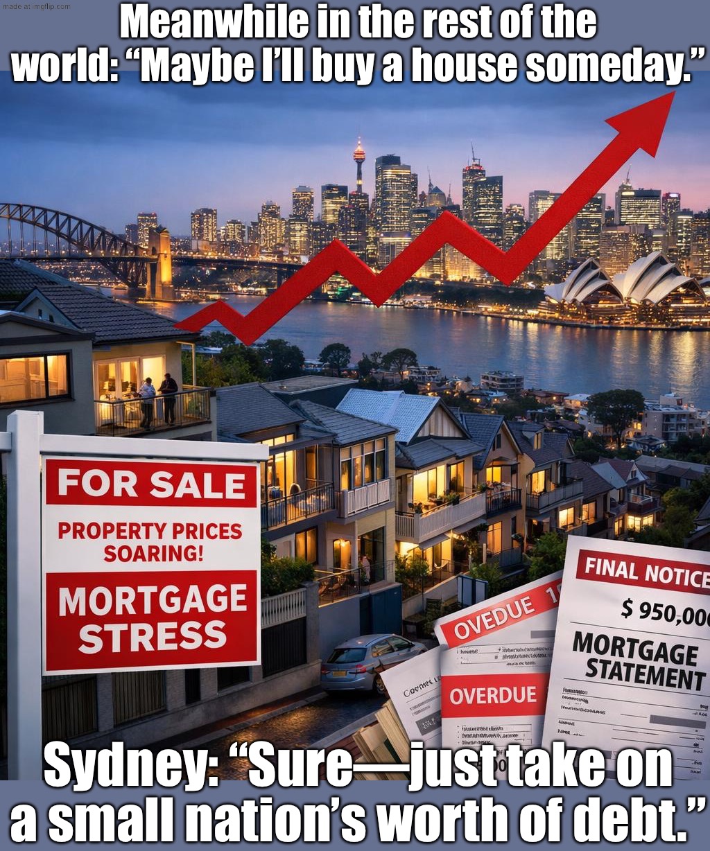 Me trying to save for a house in Sydney; Sydney’s debt levels: "Best I can do is another loan" | Meanwhile in the rest of the world: “Maybe I’ll buy a house someday.”; Sydney: “Sure—just take on a small nation’s worth of debt.” | image tagged in sydney s extraordinarily high debt levels,sydney,debt,meanwhile in australia,lifestyle,subscribe | made w/ Imgflip meme maker
