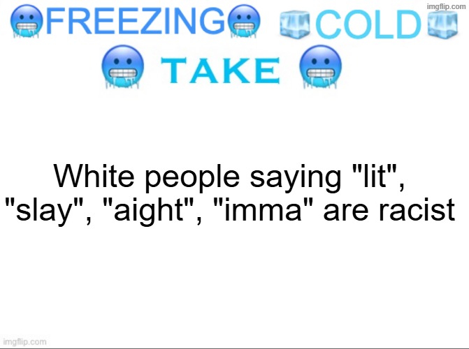 FREEZING COLD TAKE | White people saying "lit", "slay", "aight", "imma" are racist | image tagged in freezing cold take | made w/ Imgflip meme maker
