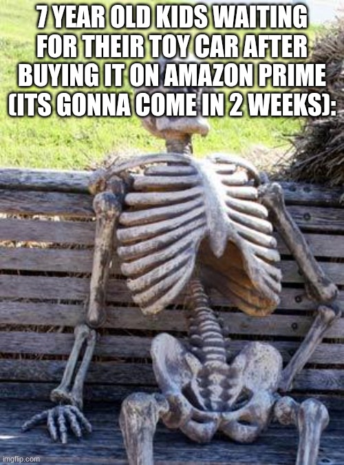 kids | 7 year old kids waiting for their toy car after buying it on amazon prime (its gonna come in 2 weeks): | image tagged in memes,waiting skeleton | made w/ Imgflip meme maker