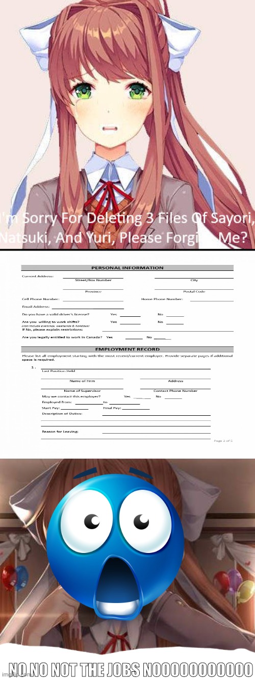 I gave job application to Monika | NO NO NOT THE JOBS NOOOOOOOOOOO | image tagged in ruin this fill in meme 202 | made w/ Imgflip meme maker