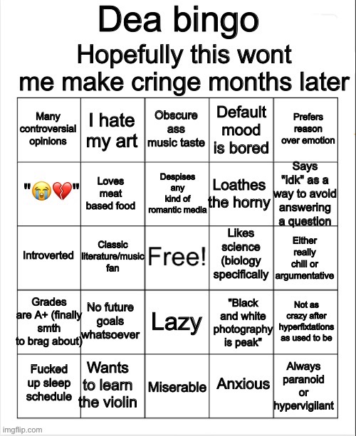 Dea bingo | image tagged in dea bingo | made w/ Imgflip meme maker