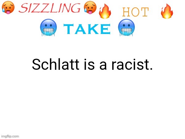 sizzling hot take | Schlatt is a racist. | image tagged in sizzling hot take | made w/ Imgflip meme maker