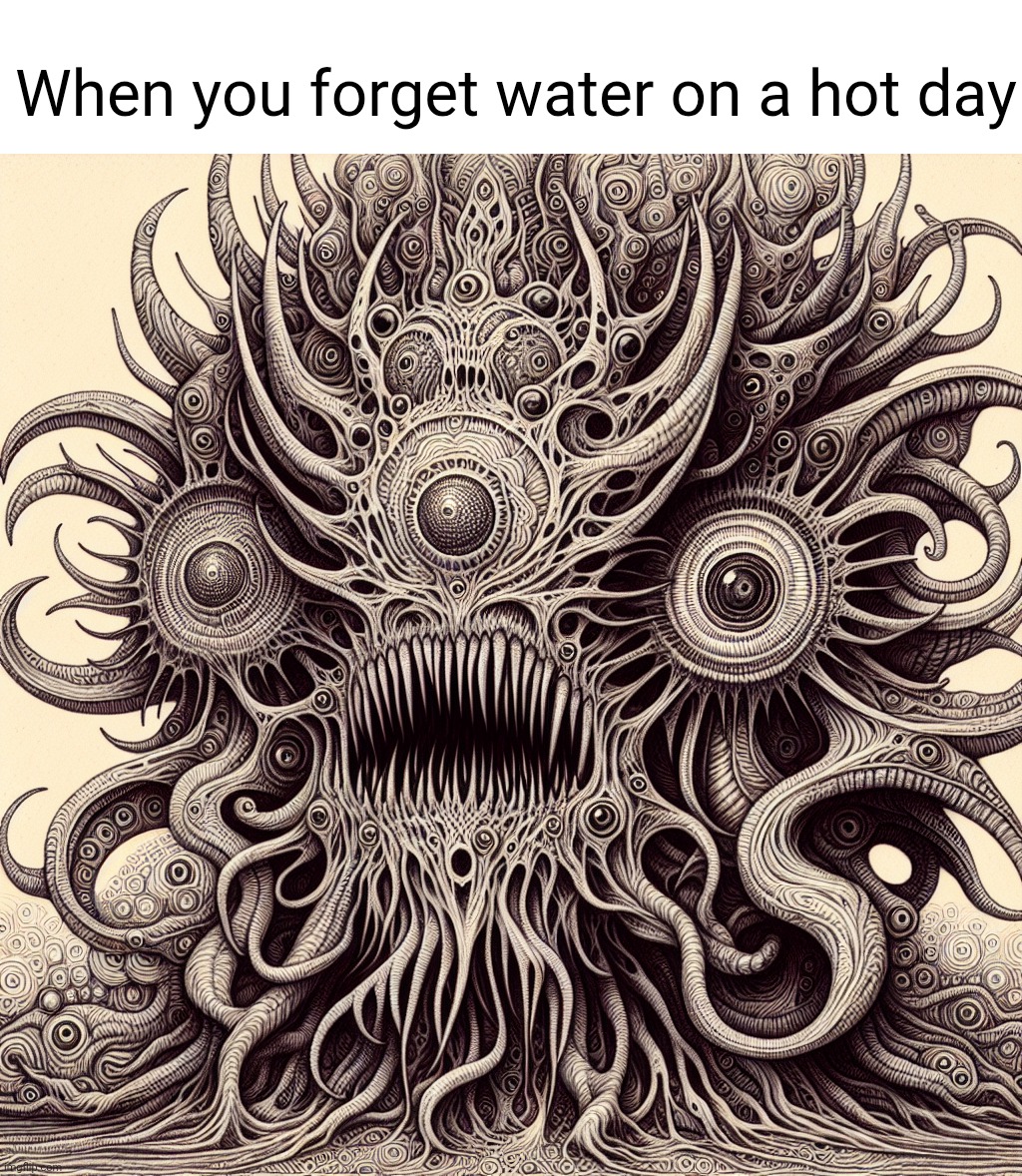 Abstract lovecraftian monstrocity | When you forget water on a hot day | made w/ Imgflip meme maker