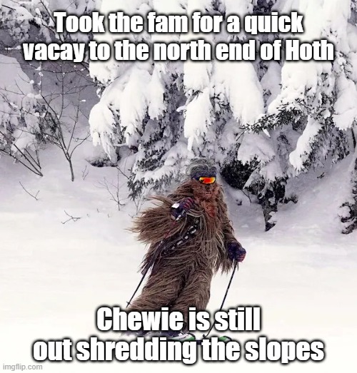 Chewie Shredding | Took the fam for a quick vacay to the north end of Hoth; Chewie is still out shredding the slopes | image tagged in chewbacca,skiing,snow,star wars | made w/ Imgflip meme maker
