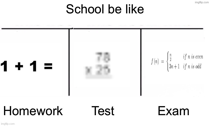 “How do u not know this, we learned this in class” | School be like; Homework; Test; Exam | image tagged in 3 section comparison table | made w/ Imgflip meme maker