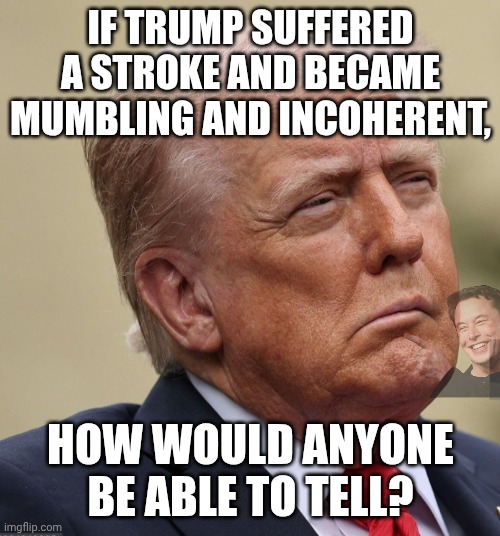 Hasn't made a public appearance in 8 days after a 3rd yearly checkup since he took office | If Trump suffered a stroke and became mumbling and incoherent, how would anyone be able to tell? | image tagged in trump stroke 25th amendment,donald trump,trump unfit unqualified dangerous,vegetable,minor case of serious brain damage | made w/ Imgflip meme maker