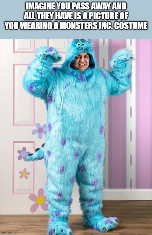 All They Have Is A Picture Of You Wearing Monsters Inc. Costume | imagine you pass away and all they have is a picture of you wearing a monsters inc. costume | image tagged in monsters inc,costume,halloween costume,costumes,funny,meme | made w/ Imgflip meme maker