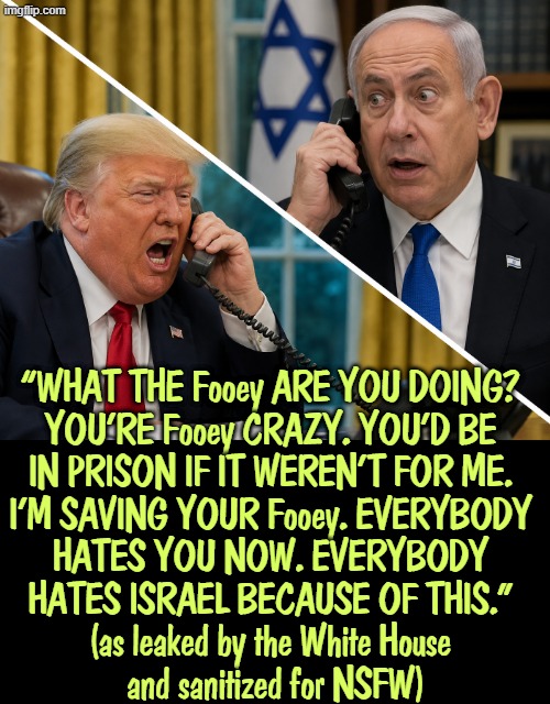 I guess Netanyahu isn't the satanic puppet master after all. These rightwing religious governments always screw up. | “WHAT THE Fooey ARE YOU DOING? 
YOU'RE Fooey CRAZY. YOU'D BE 
IN PRISON IF IT WEREN'T FOR ME. 
I’M SAVING YOUR Fooey. EVERYBODY 
HATES YOU NOW. EVERYBODY 
HATES ISRAEL BECAUSE OF THIS.” 
(as leaked by the White House 
and sanitized for NSFW) | image tagged in trump yells at netanyahu on phone png,trump,angry,yelling,swearing,netanyahu | made w/ Imgflip meme maker