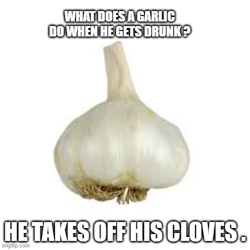 What does garlic do when he gets drunk?    --  funny  -- | What does a garlic do when he gets drunk ? he takes off his cloves . | image tagged in funny,humor,drunk,garlic,play on words,drinking | made w/ Imgflip meme maker