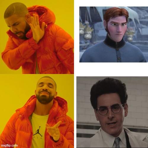drake prefers egon spengler over prince hans | image tagged in memes,drake hotline bling,frozen,ghostbusters | made w/ Imgflip meme maker