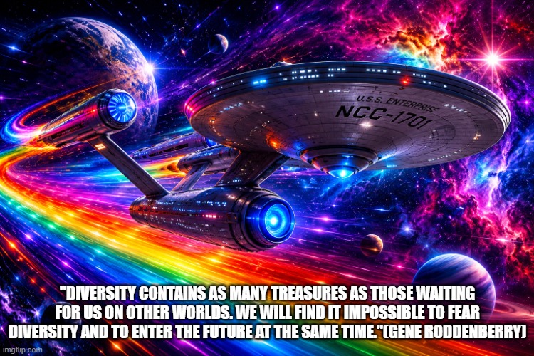 Star Trek Diversity | "Diversity contains as many treasures as those waiting for us on other worlds. We will find it impossible to fear diversity and to enter the future at the same time."(Gene Roddenberry) | image tagged in star trek,enterprise,lgbtq,diversity,star wars | made w/ Imgflip meme maker