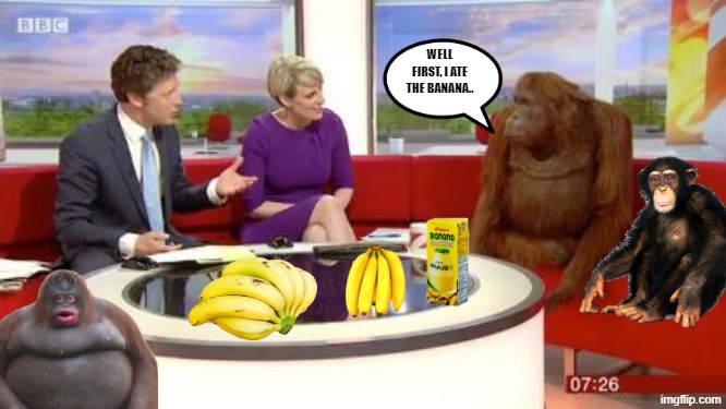 Monkey Morning Show | well first, I ate the banana.. | image tagged in monkey tv,bananas | made w/ Imgflip meme maker