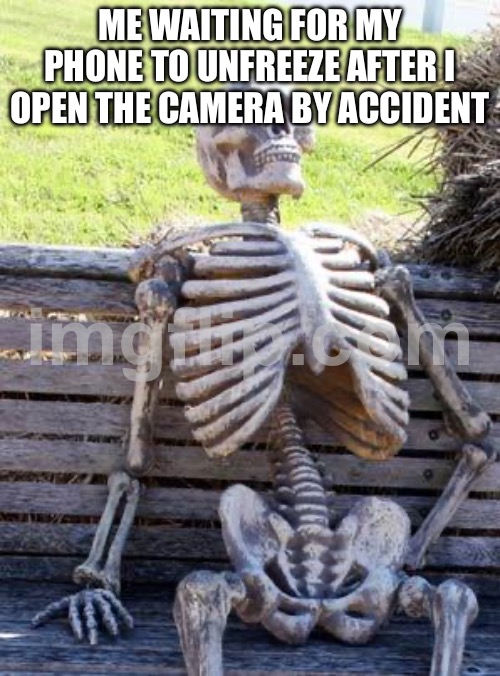 ME WAITING FOR MY PHONE TO UNFREEZE AFTER I OPEN THE CAMERA BY ACCIDENT | ME WAITING FOR MY PHONE TO UNFREEZE AFTER I OPEN THE CAMERA BY ACCIDENT | image tagged in memes,waiting skeleton,camera,accident,existentialism,phone | made w/ Imgflip meme maker