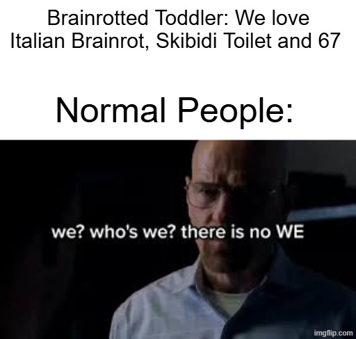 we? who's we? there is no WE. | Brainrotted Toddler: We love Italian Brainrot, Skibidi Toilet and 67; Normal People: | image tagged in we who's we there is no we | made w/ Imgflip meme maker