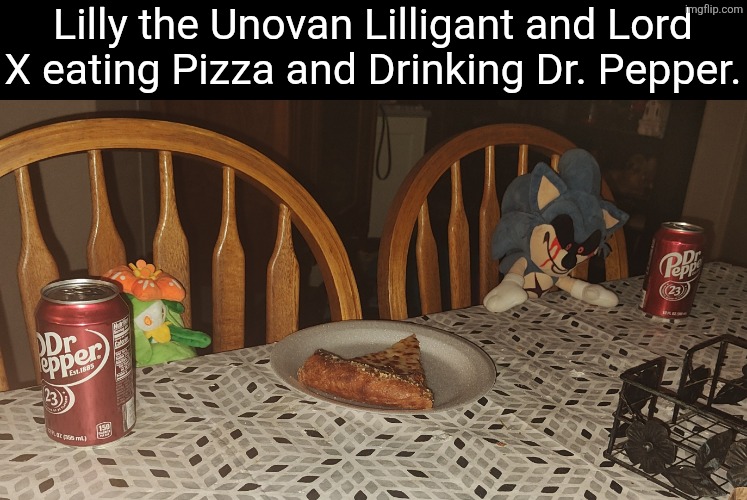 Lilly and Lord X eating. | Lilly the Unovan Lilligant and Lord X eating Pizza and Drinking Dr. Pepper. | image tagged in lilly,lord x,pizza and dr pepper | made w/ Imgflip meme maker